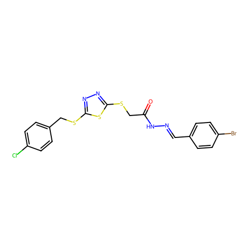 N'-[(E)-(4-bromophenyl)methylidene]-2-({5-[(4-chlorobenzyl)sulfanyl]-1,3,4-thiadiazol-2-yl}sulfanyl)acetohydrazide structure