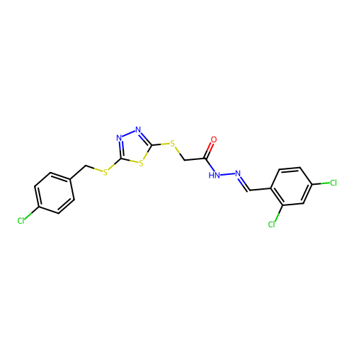 2-({5-[(4-chlorobenzyl)sulfanyl]-1,3,4-thiadiazol-2-yl}sulfanyl)-N'-[(E)-(2,4-dichlorophenyl)methylidene]acetohydrazide structure