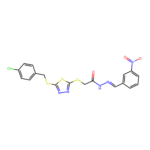 2-({5-[(4-chlorobenzyl)sulfanyl]-1,3,4-thiadiazol-2-yl}sulfanyl)-N'-[(E)-(3-nitrophenyl)methylidene]acetohydrazide structure