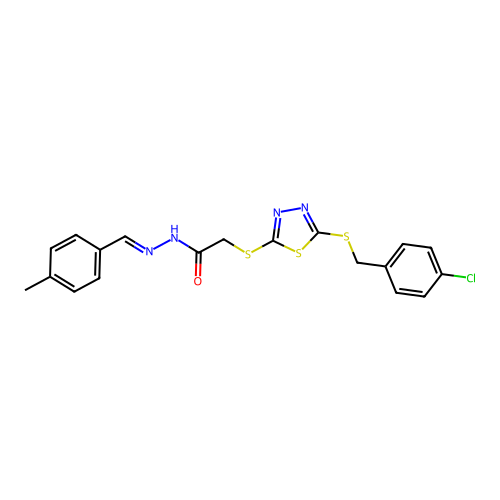 2-({5-[(4-chlorobenzyl)sulfanyl]-1,3,4-thiadiazol-2-yl}sulfanyl)-N'-[(E)-(4-methylphenyl)methylidene]acetohydrazide structure