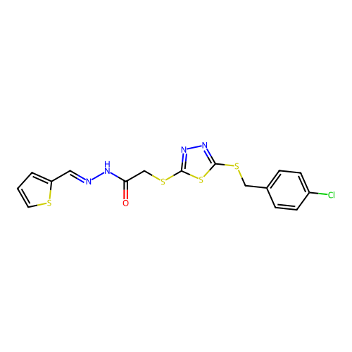 2-({5-[(4-chlorobenzyl)sulfanyl]-1,3,4-thiadiazol-2-yl}sulfanyl)-N'-[(E)-thiophen-2-ylmethylidene]acetohydrazide structure