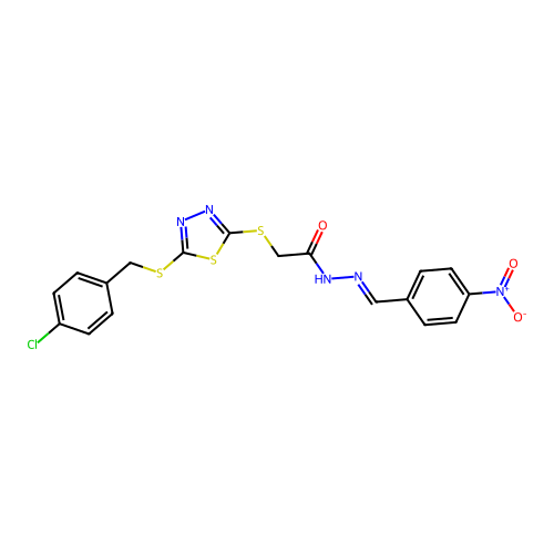 2-({5-[(4-chlorobenzyl)sulfanyl]-1,3,4-thiadiazol-2-yl}sulfanyl)-N'-[(E)-(4-nitrophenyl)methylidene]acetohydrazide structure