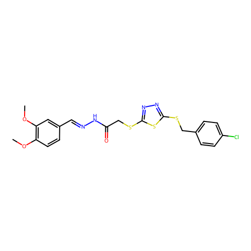 2-({5-[(4-chlorobenzyl)sulfanyl]-1,3,4-thiadiazol-2-yl}sulfanyl)-N'-[(E)-(3,4-dimethoxyphenyl)methylidene]acetohydrazide structure