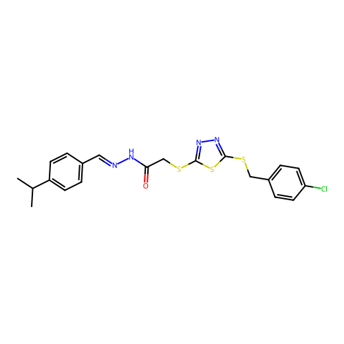 2-({5-[(4-chlorobenzyl)sulfanyl]-1,3,4-thiadiazol-2-yl}sulfanyl)-N'-{(E)-[4-(propan-2-yl)phenyl]methylidene}acetohydrazide structure