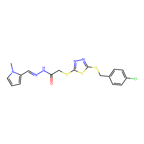 2-({5-[(4-chlorobenzyl)sulfanyl]-1,3,4-thiadiazol-2-yl}sulfanyl)-N'-[(E)-(1-methyl-1H-pyrrol-2-yl)methylidene]acetohydrazide structure