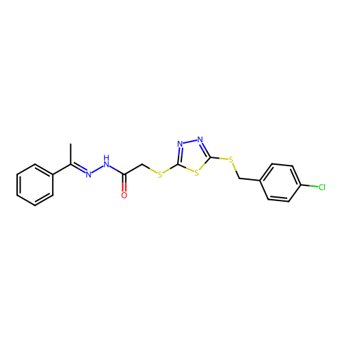(E)-2-((5-((4-chlorobenzyl)thio)-1,3,4-thiadiazol-2-yl)thio)-N'-(1-phenylethylidene)acetohydrazide structure
