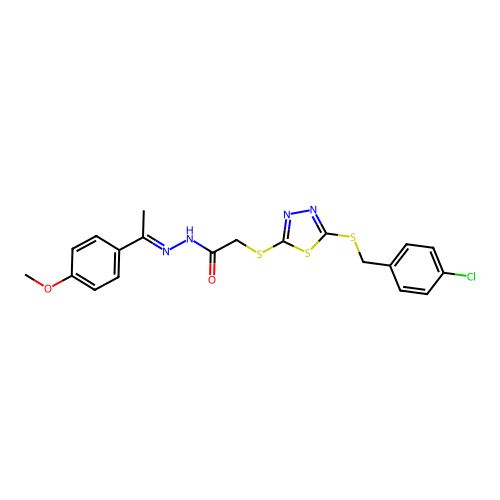 (E)-2-((5-((4-chlorobenzyl)thio)-1,3,4-thiadiazol-2-yl)thio)-N'-(1-(4-methoxyphenyl)ethylidene)acetohydrazide structure