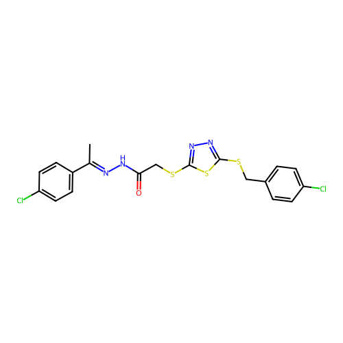 (E)-2-((5-((4-chlorobenzyl)thio)-1,3,4-thiadiazol-2-yl)thio)-N'-(1-(4-chlorophenyl)ethylidene)acetohydrazide structure
