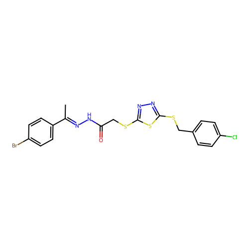 (E)-N'-(1-(4-bromophenyl)ethylidene)-2-((5-((4-chlorobenzyl)thio)-1,3,4-thiadiazol-2-yl)thio)acetohydrazide structure