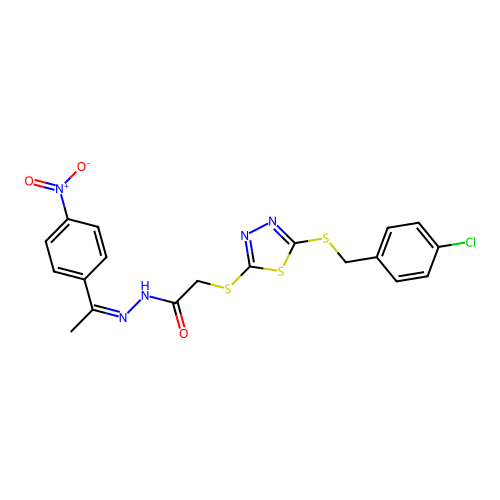 (Z)-2-((5-((4-chlorobenzyl)thio)-1,3,4-thiadiazol-2-yl)thio)-N'-(1-(4-nitrophenyl)ethylidene)acetohydrazide structure