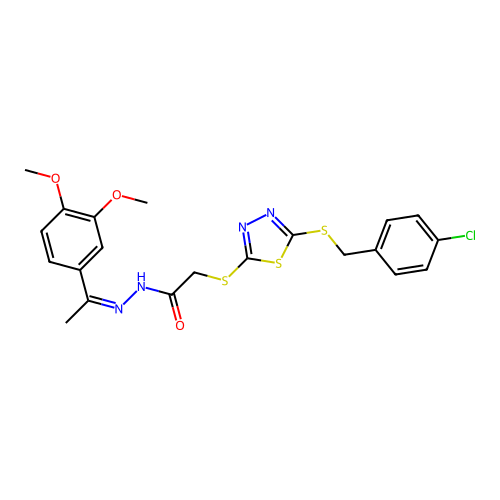 2-({5-[(4-chlorobenzyl)sulfanyl]-1,3,4-thiadiazol-2-yl}sulfanyl)-N'-[(1Z)-1-(3,4-dimethoxyphenyl)ethylidene]acetohydrazide structure