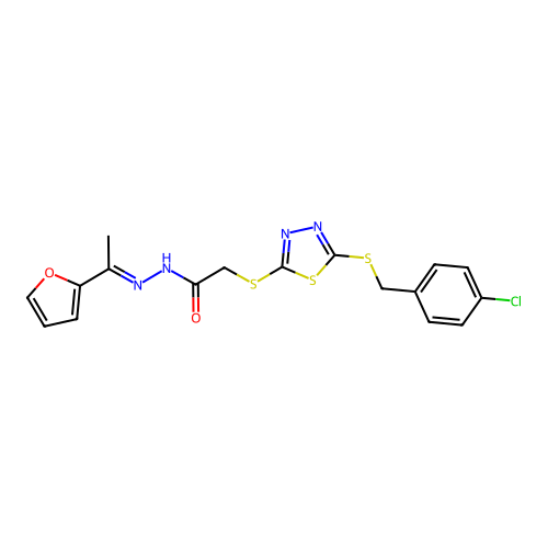2-[[5-[(4-chlorophenyl)methylsulfanyl]-1,3,4-thiadiazol-2-yl]sulfanyl]-N-[(Z)-1-(furan-2-yl)ethylideneamino]acetamide structure