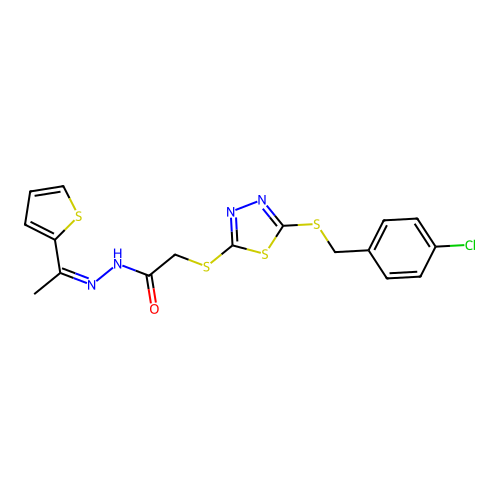 (Z)-2-((5-((4-chlorobenzyl)thio)-1,3,4-thiadiazol-2-yl)thio)-N'-(1-(thiophen-2-yl)ethylidene)acetohydrazide structure