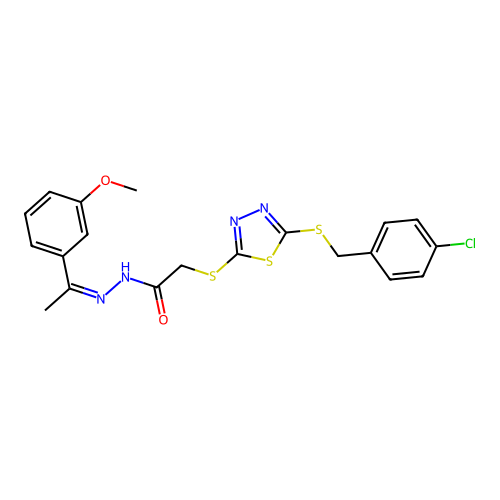 (Z)-2-((5-((4-chlorobenzyl)thio)-1,3,4-thiadiazol-2-yl)thio)-N'-(1-(3-methoxyphenyl)ethylidene)acetohydrazide structure
