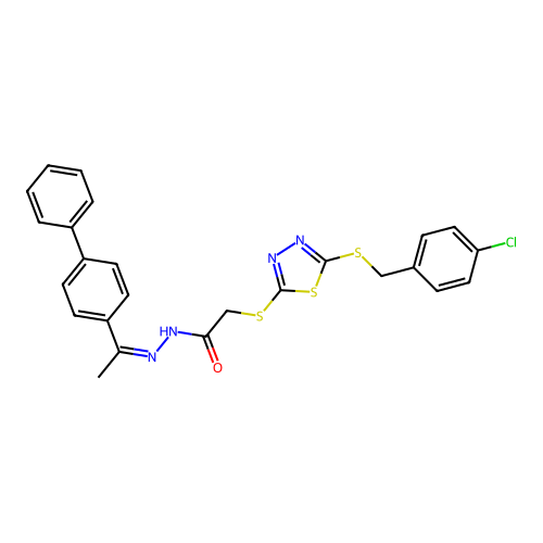 (Z)-N'-(1-([1,1'-biphenyl]-4-yl)ethylidene)-2-((5-((4-chlorobenzyl)thio)-1,3,4-thiadiazol-2-yl)thio)acetohydrazide structure