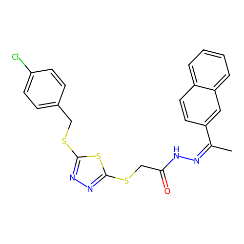 (Z)-2-((5-((4-chlorobenzyl)thio)-1,3,4-thiadiazol-2-yl)thio)-N'-(1-(naphthalen-2-yl)ethylidene)acetohydrazide structure