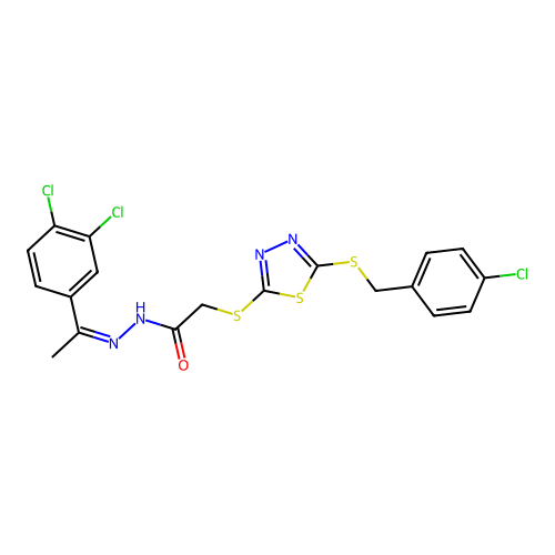 (Z)-2-((5-((4-chlorobenzyl)thio)-1,3,4-thiadiazol-2-yl)thio)-N'-(1-(3,4-dichlorophenyl)ethylidene)acetohydrazide structure