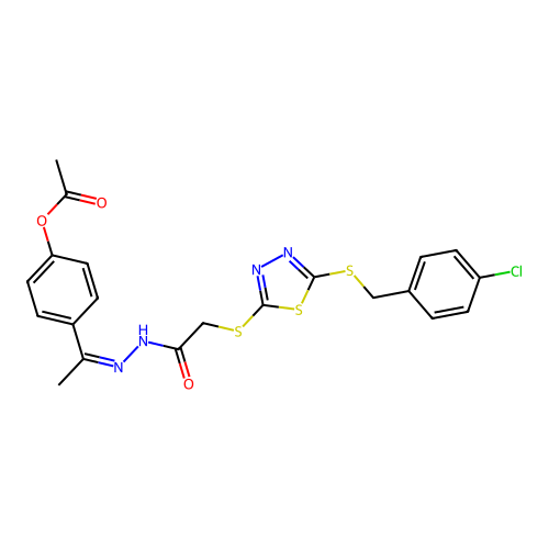 (Z)-4-(1-(2-(2-((5-((4-chlorobenzyl)thio)-1,3,4-thiadiazol-2-yl)thio)acetyl)hydrazono)ethyl)phenyl acetate structure