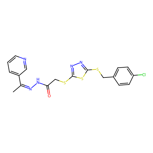 (Z)-2-((5-((4-chlorobenzyl)thio)-1,3,4-thiadiazol-2-yl)thio)-N'-(1-(pyridin-3-yl)ethylidene)acetohydrazide structure