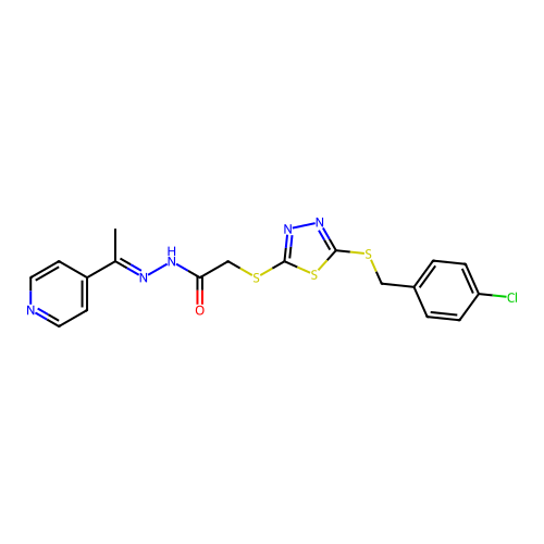 2-({5-[(4-chlorobenzyl)sulfanyl]-1,3,4-thiadiazol-2-yl}sulfanyl)-N'-[(1E)-1-(pyridin-4-yl)ethylidene]acetohydrazide structure