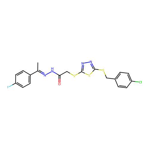 2-[[5-[(4-chlorophenyl)methylsulfanyl]-1,3,4-thiadiazol-2-yl]sulfanyl]-N-[(Z)-1-(4-fluorophenyl)ethylideneamino]acetamide structure
