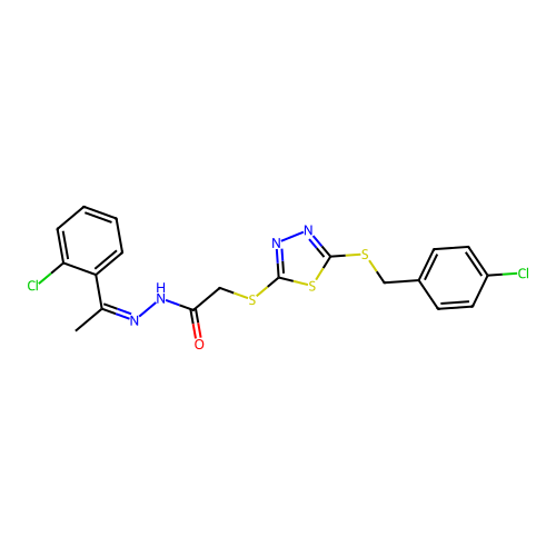 (Z)-2-((5-((4-chlorobenzyl)thio)-1,3,4-thiadiazol-2-yl)thio)-N'-(1-(2-chlorophenyl)ethylidene)acetohydrazide structure