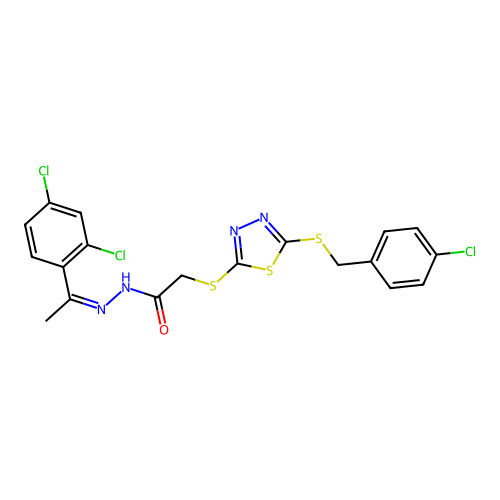 (Z)-2-((5-((4-chlorobenzyl)thio)-1,3,4-thiadiazol-2-yl)thio)-N'-(1-(2,4-dichlorophenyl)ethylidene)acetohydrazide structure