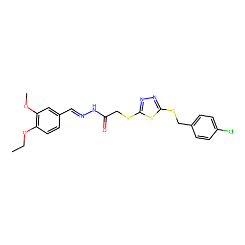 2-({5-[(4-chlorobenzyl)sulfanyl]-1,3,4-thiadiazol-2-yl}sulfanyl)-N'-[(E)-(4-ethoxy-3-methoxyphenyl)methylidene]acetohydrazide structure