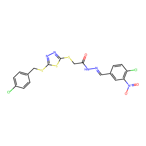 2-({5-[(4-chlorobenzyl)sulfanyl]-1,3,4-thiadiazol-2-yl}sulfanyl)-N'-[(E)-(4-chloro-3-nitrophenyl)methylidene]acetohydrazide structure