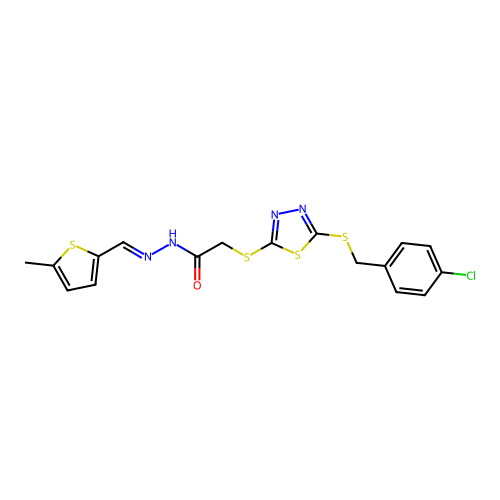 2-({5-[(4-chlorobenzyl)sulfanyl]-1,3,4-thiadiazol-2-yl}sulfanyl)-N'-[(E)-(5-methylthiophen-2-yl)methylidene]acetohydrazide structure