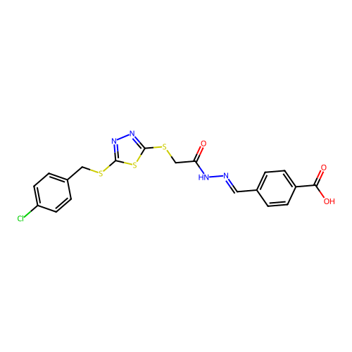 4-[(E)-{2-[({5-[(4-chlorobenzyl)sulfanyl]-1,3,4-thiadiazol-2-yl}sulfanyl)acetyl]hydrazinylidene}methyl]benzoic acid structure