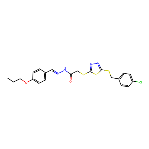 2-({5-[(4-chlorobenzyl)sulfanyl]-1,3,4-thiadiazol-2-yl}sulfanyl)-N'-[(E)-(4-propoxyphenyl)methylidene]acetohydrazide structure