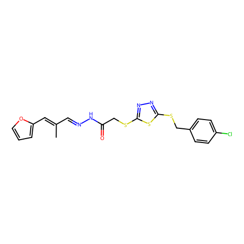 (E)-2-((5-((4-chlorobenzyl)thio)-1,3,4-thiadiazol-2-yl)thio)-N'-((E)-3-(furan-2-yl)-2-methylallylidene)acetohydrazide structure