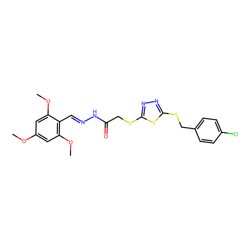 2-({5-[(4-chlorobenzyl)sulfanyl]-1,3,4-thiadiazol-2-yl}sulfanyl)-N'-[(E)-(2,4,6-trimethoxyphenyl)methylidene]acetohydrazide structure