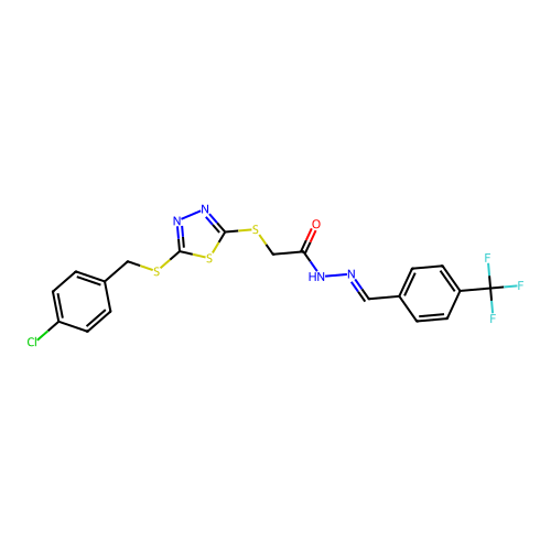 2-({5-[(4-chlorobenzyl)sulfanyl]-1,3,4-thiadiazol-2-yl}sulfanyl)-N'-{(E)-[4-(trifluoromethyl)phenyl]methylidene}acetohydrazide structure