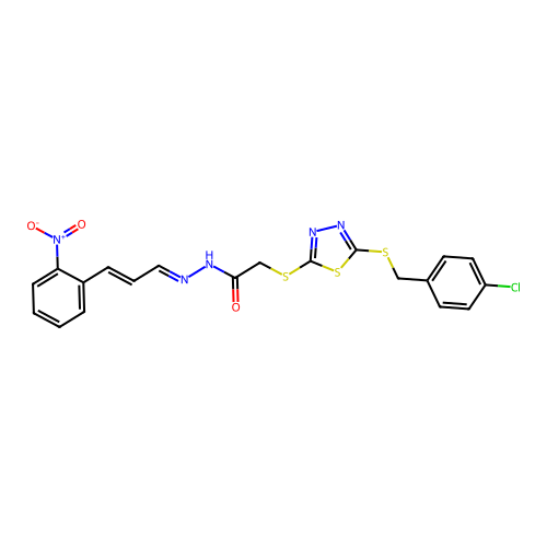 (E)-2-((5-((4-chlorobenzyl)thio)-1,3,4-thiadiazol-2-yl)thio)-N'-((E)-3-(2-nitrophenyl)allylidene)acetohydrazide structure
