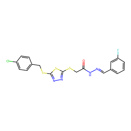 2-({5-[(4-chlorobenzyl)sulfanyl]-1,3,4-thiadiazol-2-yl}sulfanyl)-N'-[(E)-(3-fluorophenyl)methylidene]acetohydrazide structure
