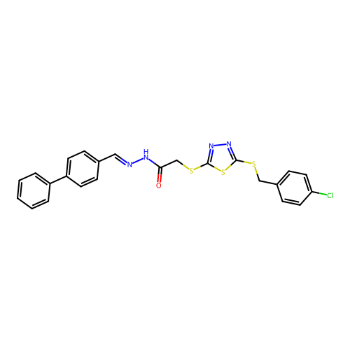 N'-[(E)-biphenyl-4-ylmethylidene]-2-({5-[(4-chlorobenzyl)sulfanyl]-1,3,4-thiadiazol-2-yl}sulfanyl)acetohydrazide structure