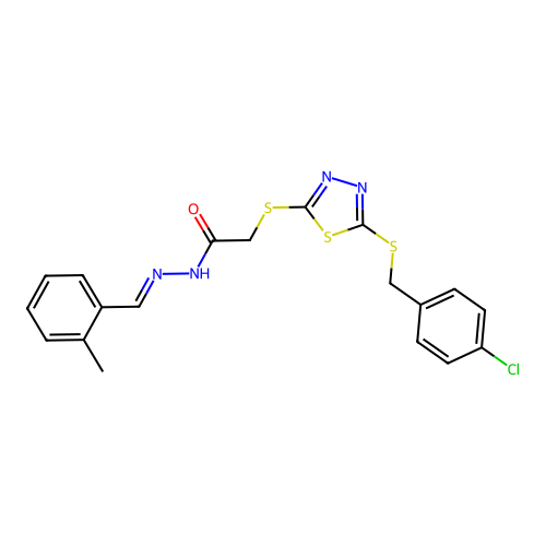 2-({5-[(4-chlorobenzyl)sulfanyl]-1,3,4-thiadiazol-2-yl}sulfanyl)-N'-[(E)-(2-methylphenyl)methylidene]acetohydrazide structure
