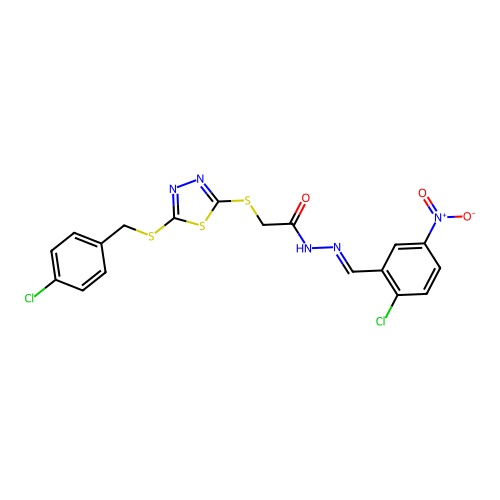 2-({5-[(4-chlorobenzyl)sulfanyl]-1,3,4-thiadiazol-2-yl}sulfanyl)-N'-[(E)-(2-chloro-5-nitrophenyl)methylidene]acetohydrazide structure