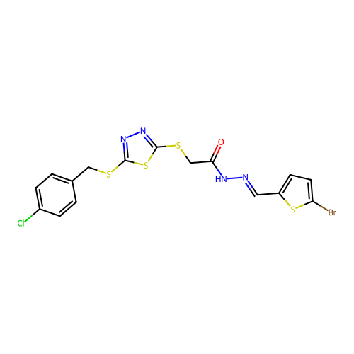 N'-[(E)-(5-bromothiophen-2-yl)methylidene]-2-({5-[(4-chlorobenzyl)sulfanyl]-1,3,4-thiadiazol-2-yl}sulfanyl)acetohydrazide structure