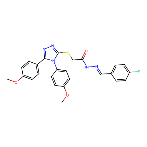 2-{[4,5-bis(4-methoxyphenyl)-4H-1,2,4-triazol-3-yl]sulfanyl}-N'-[(E)-(4-fluorophenyl)methylidene]acetohydrazide structure