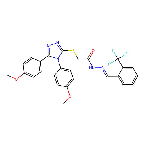 (E)-2-((4,5-bis(4-methoxyphenyl)-4H-1,2,4-triazol-3-yl)thio)-N'-(2-(trifluoromethyl)benzylidene)acetohydrazide structure