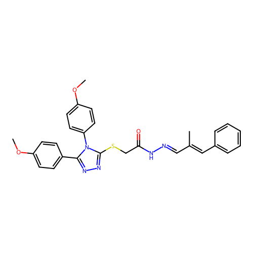(E)-2-((4,5-bis(4-methoxyphenyl)-4H-1,2,4-triazol-3-yl)thio)-N'-((E)-2-methyl-3-phenylallylidene)acetohydrazide structure