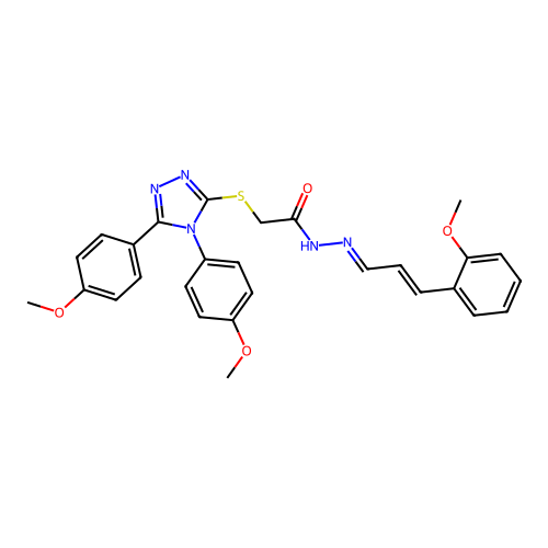 (E)-2-((4,5-bis(4-methoxyphenyl)-4H-1,2,4-triazol-3-yl)thio)-N'-((E)-3-(2-methoxyphenyl)allylidene)acetohydrazide structure