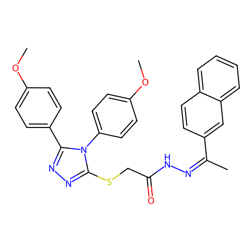 (Z)-2-((4,5-bis(4-methoxyphenyl)-4H-1,2,4-triazol-3-yl)thio)-N'-(1-(naphthalen-2-yl)ethylidene)acetohydrazide structure