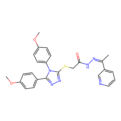 (Z)-2-((4,5-bis(4-methoxyphenyl)-4H-1,2,4-triazol-3-yl)thio)-N'-(1-(pyridin-3-yl)ethylidene)acetohydrazide structure