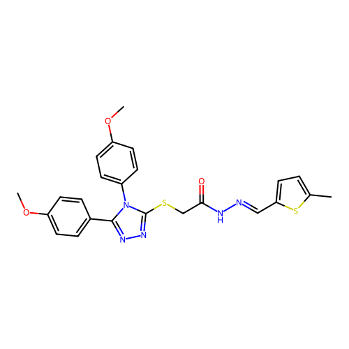 (E)-2-((4,5-bis(4-methoxyphenyl)-4H-1,2,4-triazol-3-yl)thio)-N'-((5-methylthiophen-2-yl)methylene)acetohydrazide structure