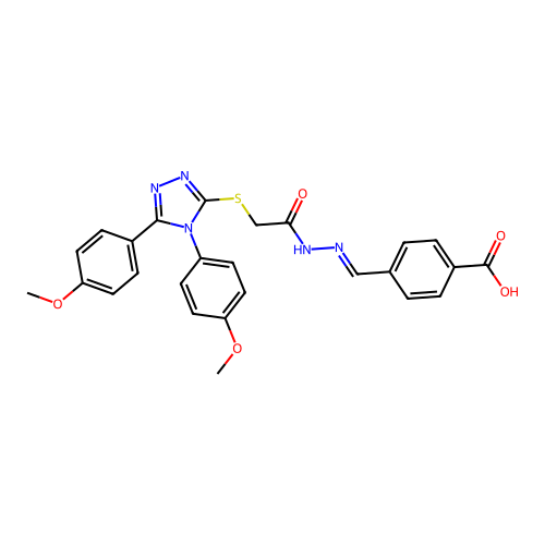 (E)-4-((2-(2-((4,5-bis(4-methoxyphenyl)-4H-1,2,4-triazol-3-yl)thio)acetyl)hydrazono)methyl)benzoic acid structure