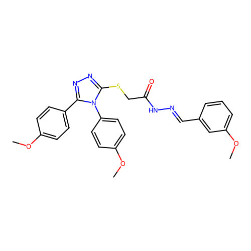 (E)-2-((4,5-bis(4-methoxyphenyl)-4H-1,2,4-triazol-3-yl)thio)-N'-(3-methoxybenzylidene)acetohydrazide structure